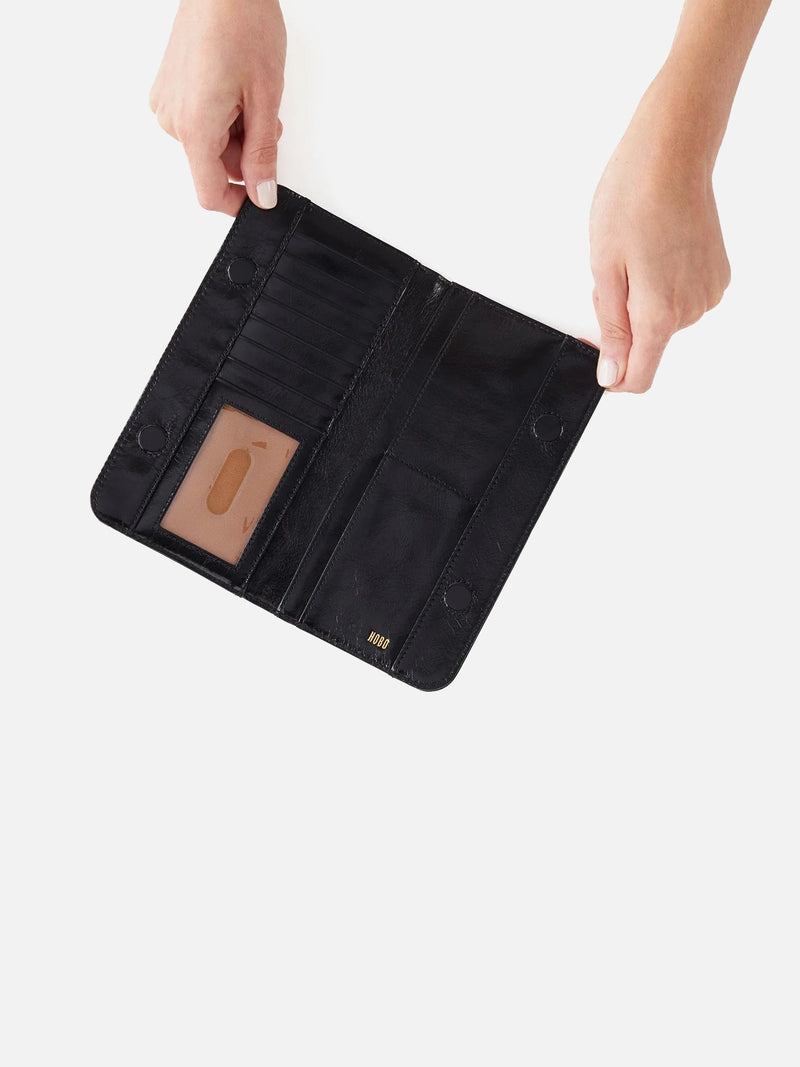 hobo angle continental wallet in black polished leather