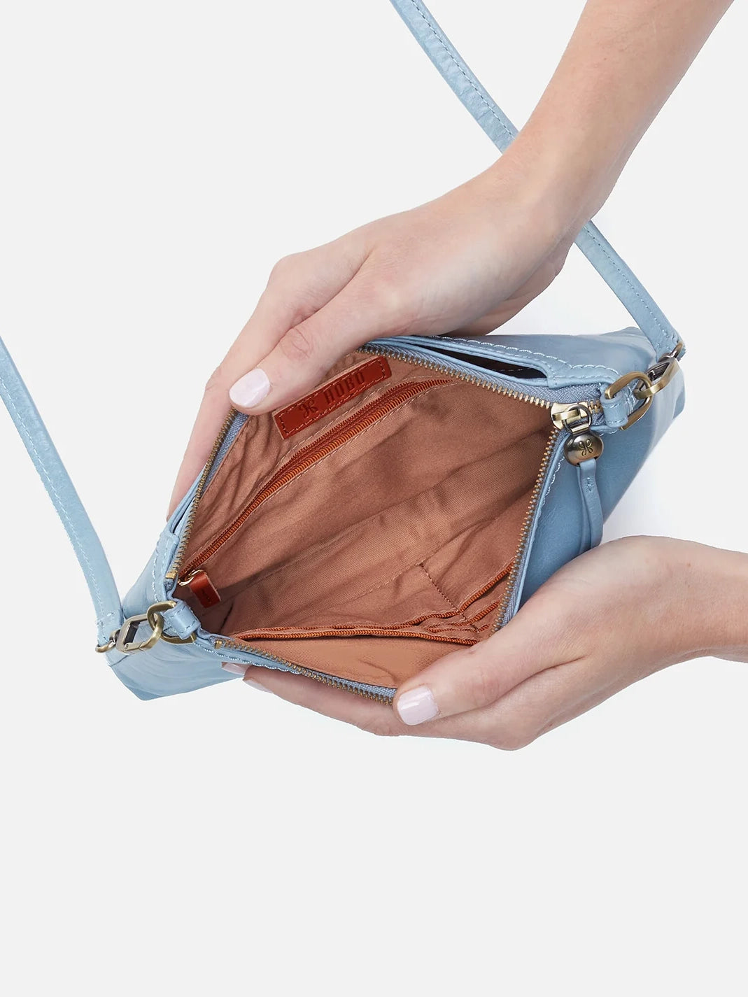 hobo darcy convertible 3-way crossbody bag in light blue cornflower polished leather