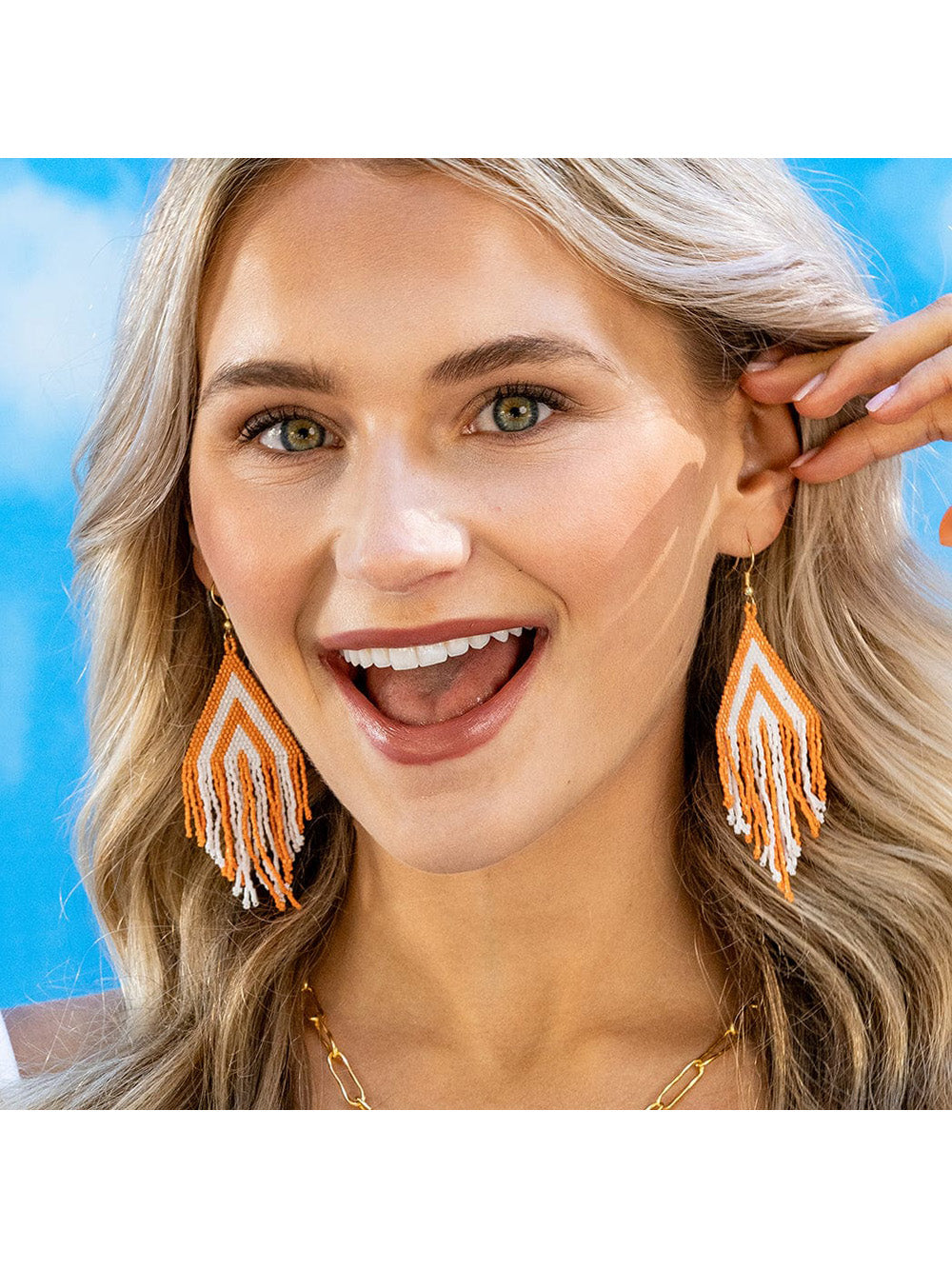 Ink & Alloy Haley Gameday Stacked Triangle Beaded Fringe Earrings in Orange & White