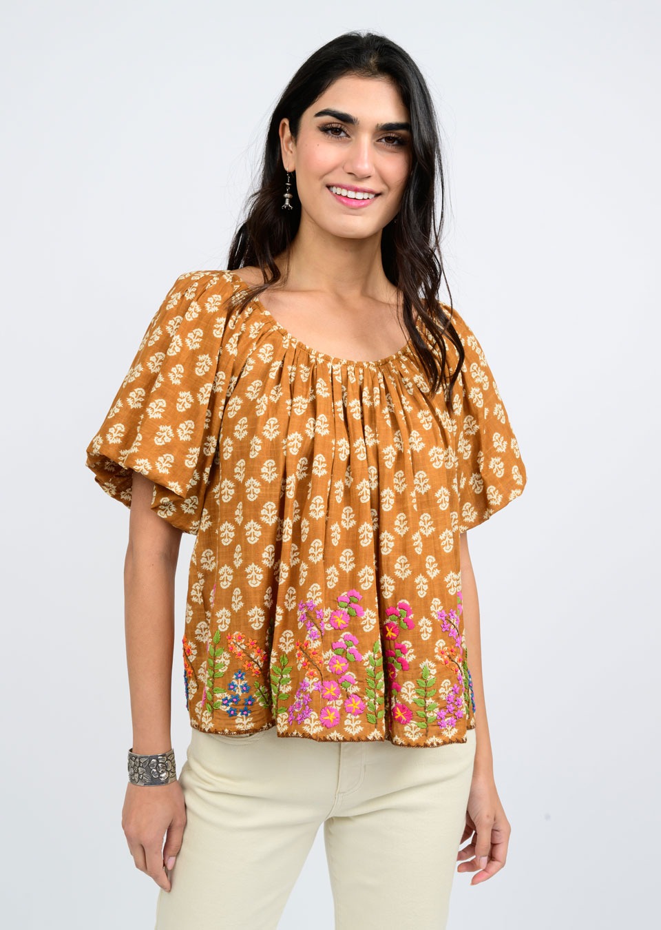 Ivy Jane Garden Of Flowers Embroidered Top in rust