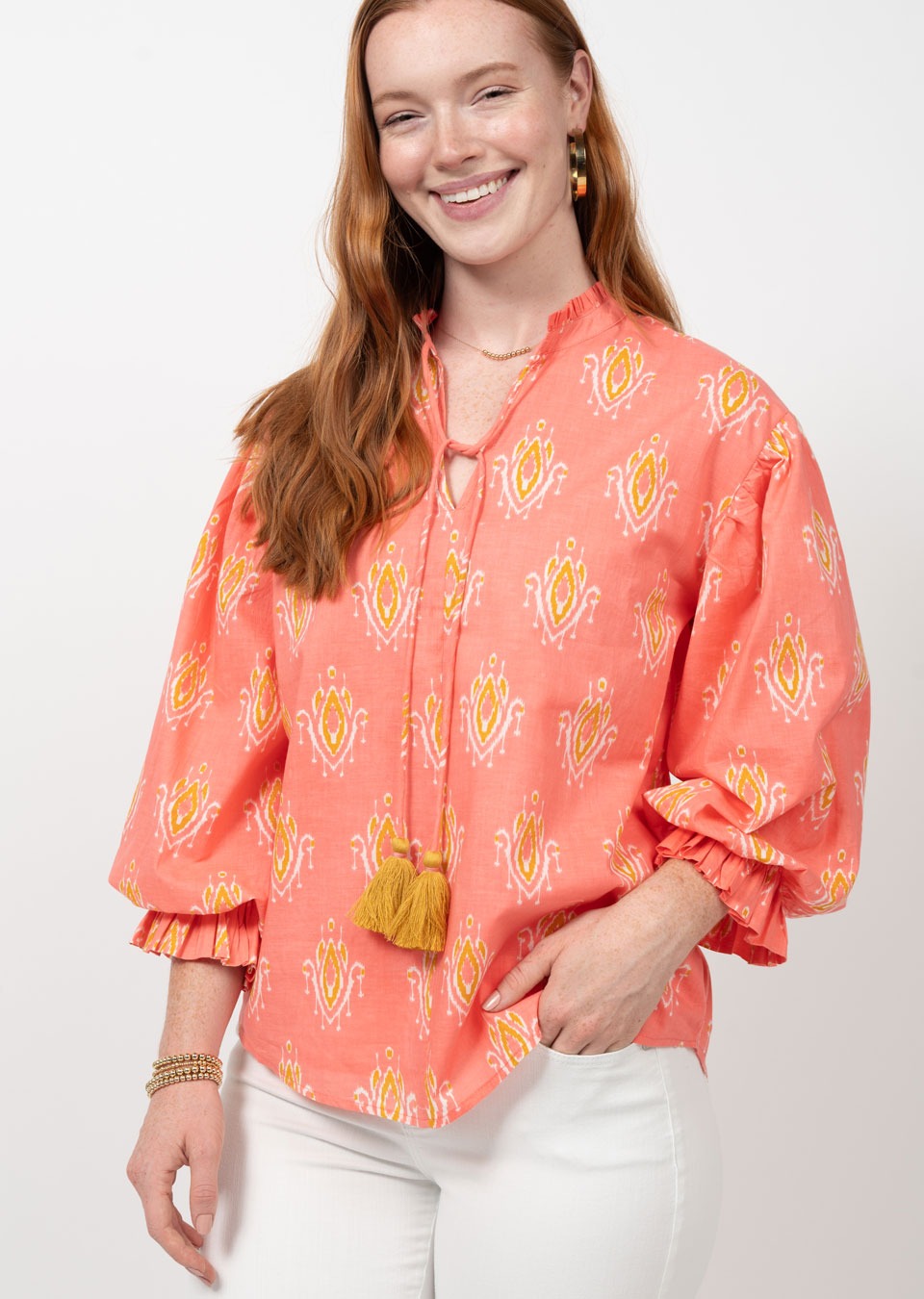 ivy jane ikat blouson sleeve top in coral-front