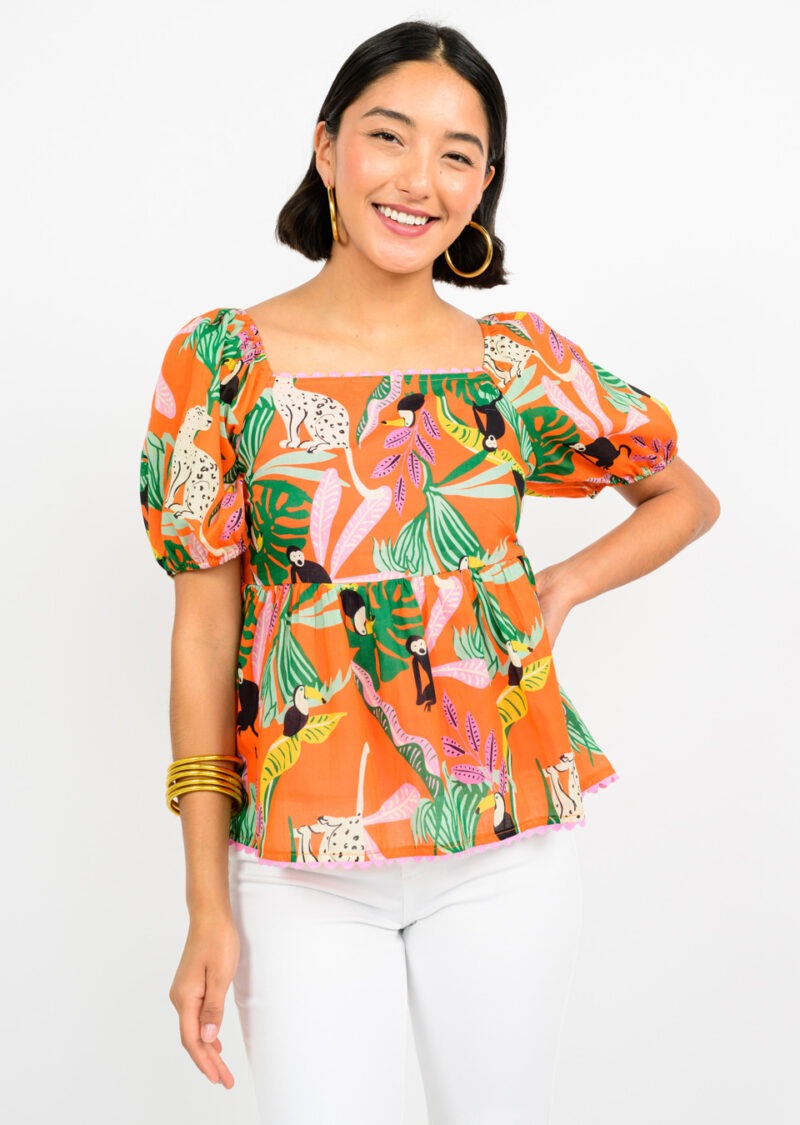 Ivy Jane Tropical Peplum Puff Sleeve Top in orange