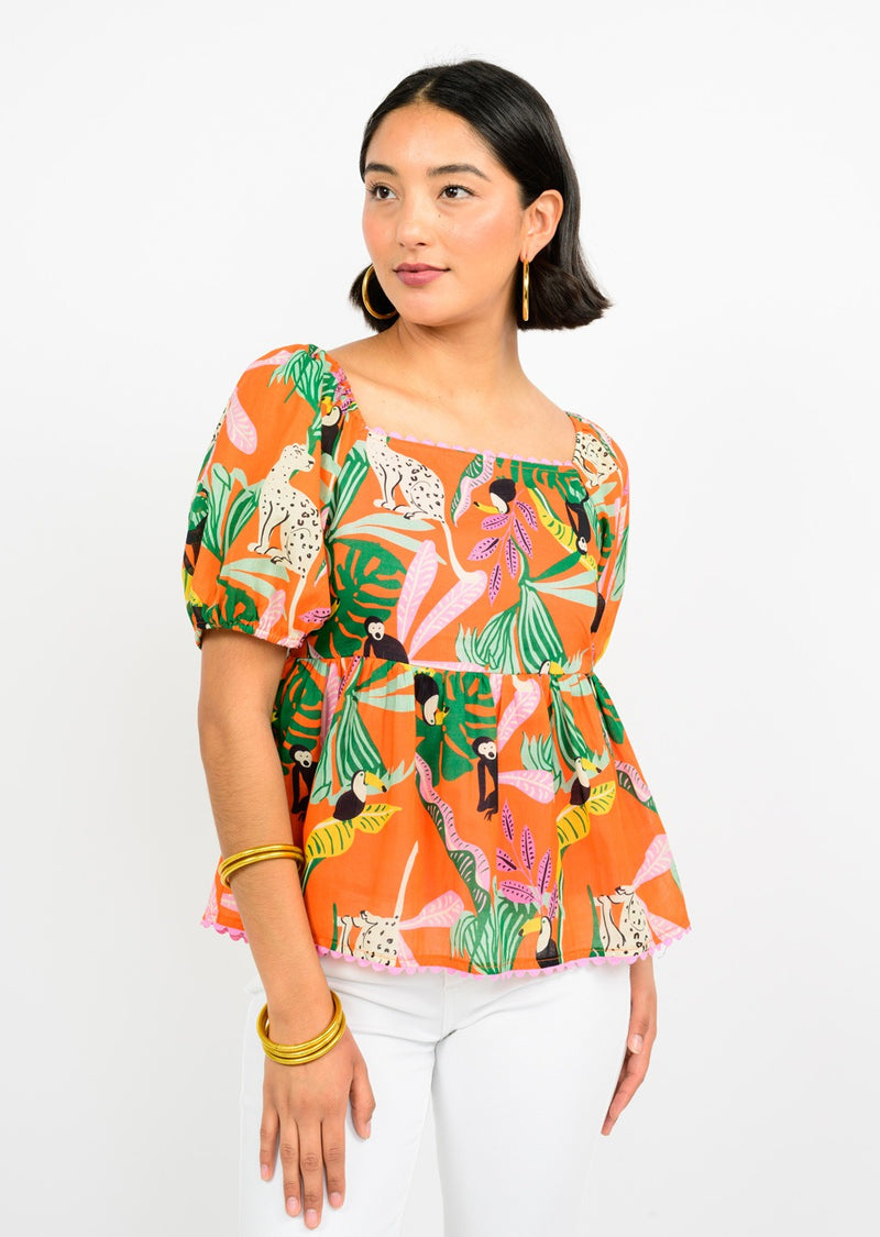 Ivy Jane Tropical Peplum Puff Sleeve Top in orange