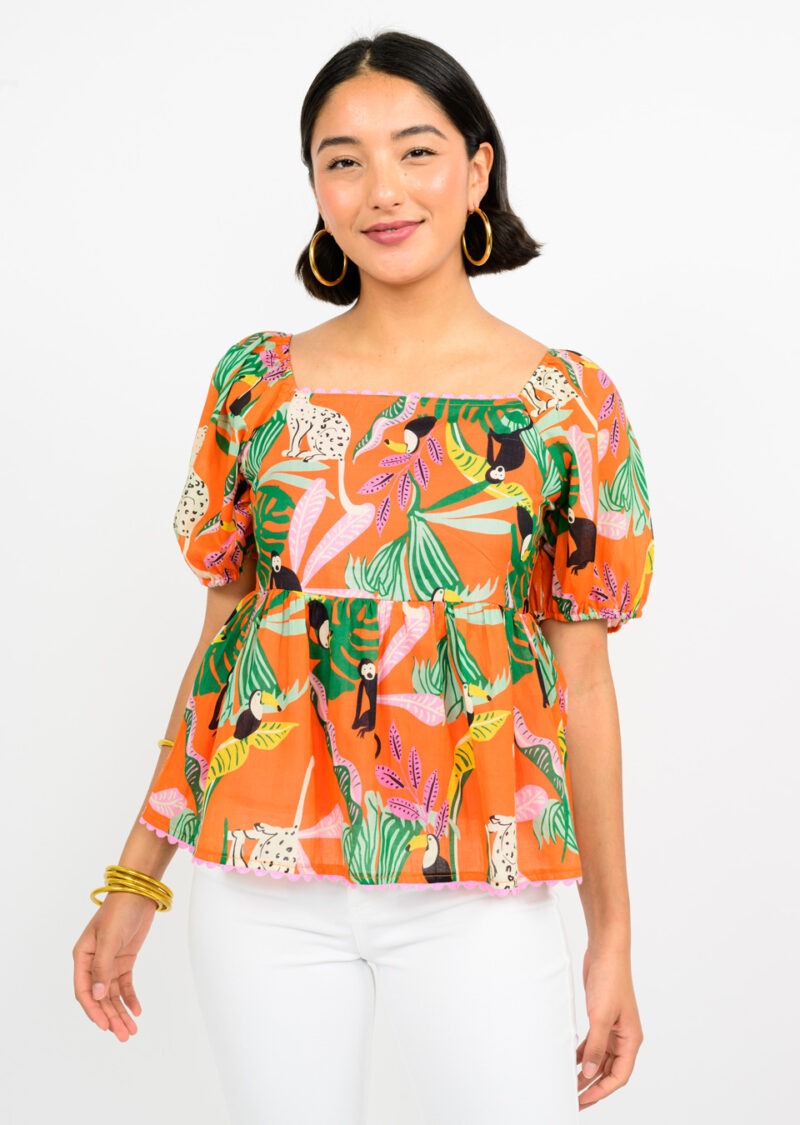 Ivy Jane Tropical Peplum Puff Sleeve Top in orange