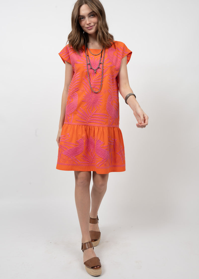 sister mary gaby embroidered dress in tangerine -front model view