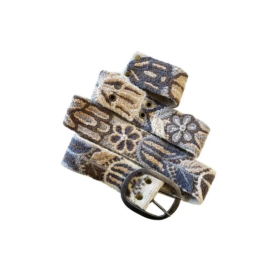 Jenny Krauss Monochromatic Embroidered Wool Belt Tan Cream Light Blue Floral Pattern