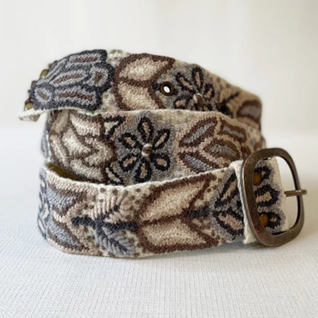 Jenny Krauss Monochromatic Embroidered Wool Belt Tan Cream Light Blue Floral Pattern