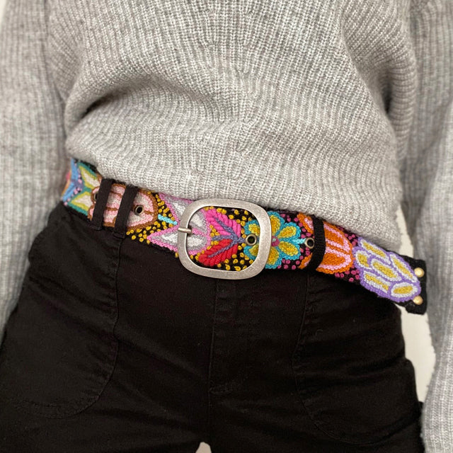Jenny Krauss Folklorica Floral Embroidered Wool Belt Black