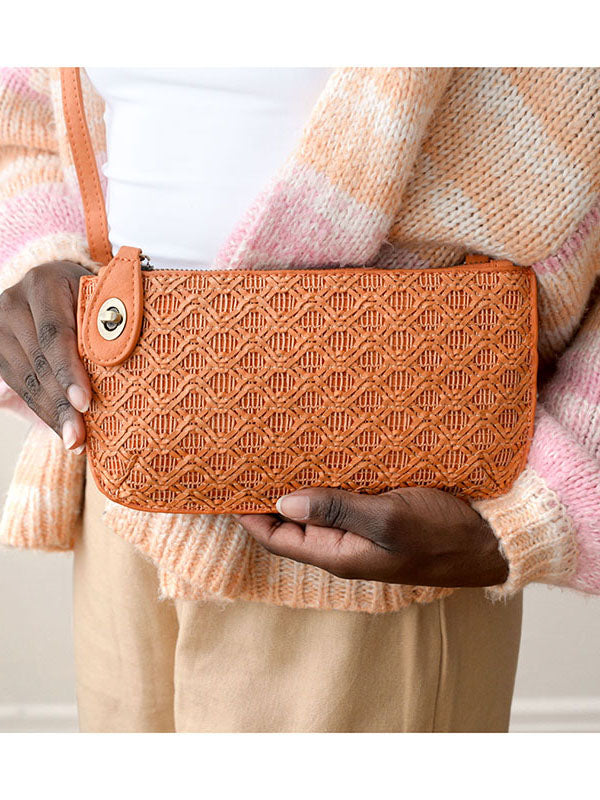 Joy Susan Lattice Woven Mini Crossbody Wristlet Clutch Orange Vegan Leather