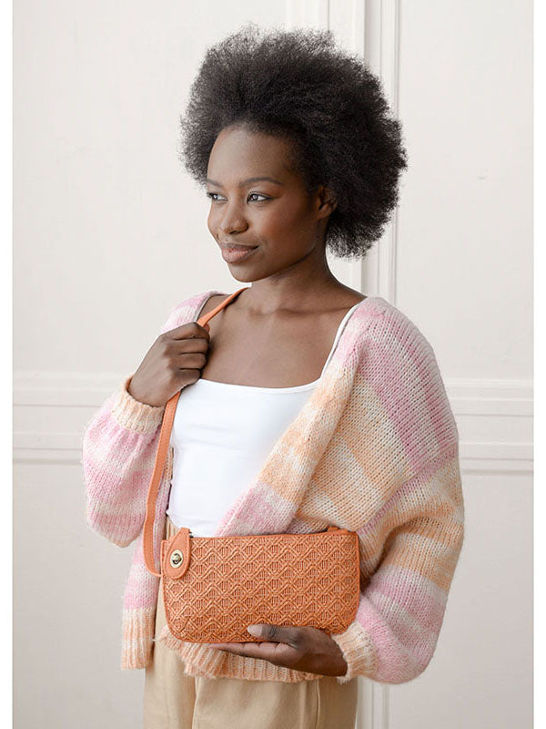 Joy Susan Lattice Woven Mini Crossbody Wristlet Clutch Orange Vegan Leather