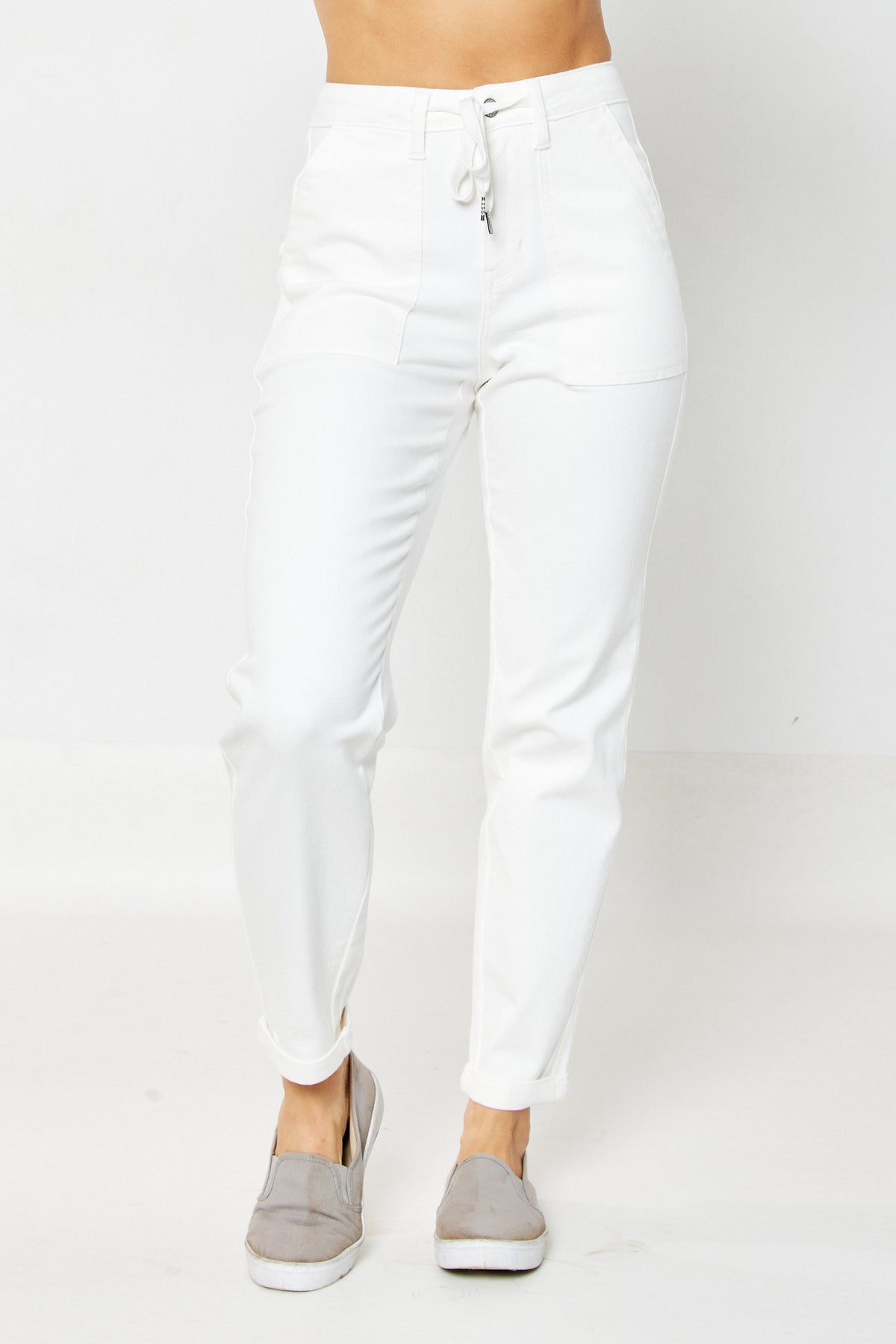 judy blue high waisted garmet dyed cuffed jogger pants in white-front