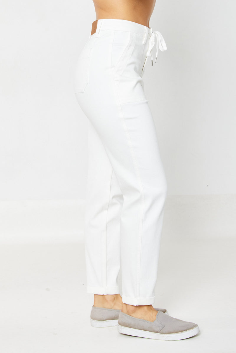 judy blue high waisted garmet dyed cuffed jogger pants in white-side