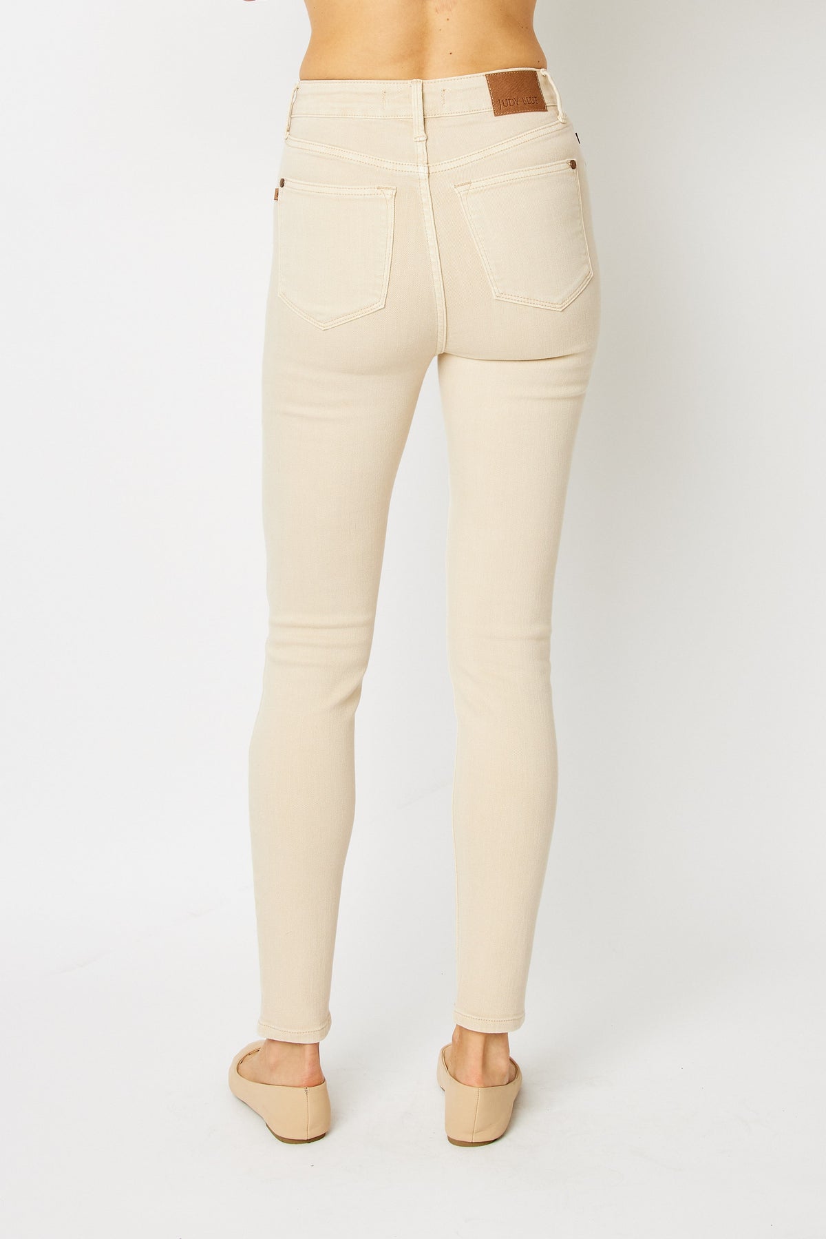 judy blue high wasted garmet dyed tummy control skinny jeans in bone-back view