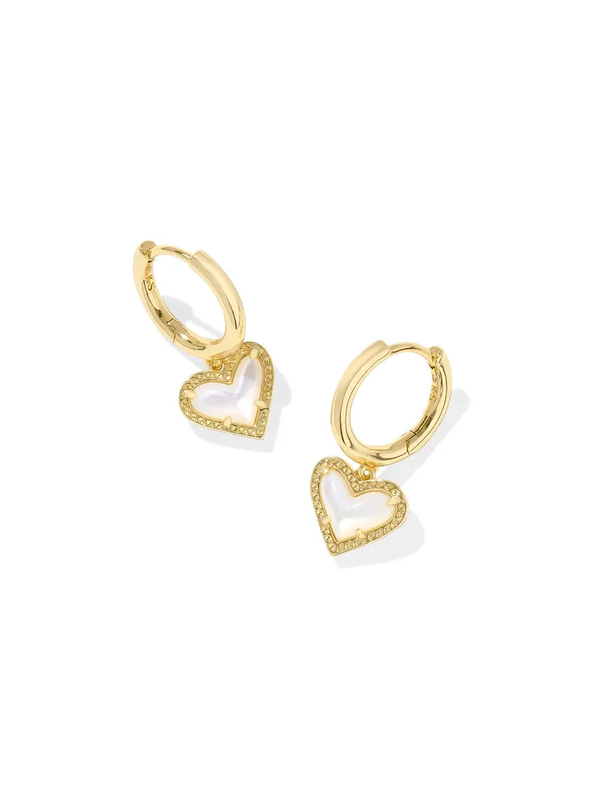 Kendra Scott Ari Heart Gold Huggie Earrings in Ivory Mother-of-Pearl