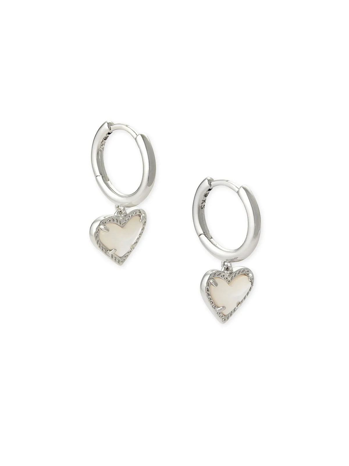 Kendra Scott Ari Heart Silver Huggie Earrings in Ivory Mother-of-Pearl