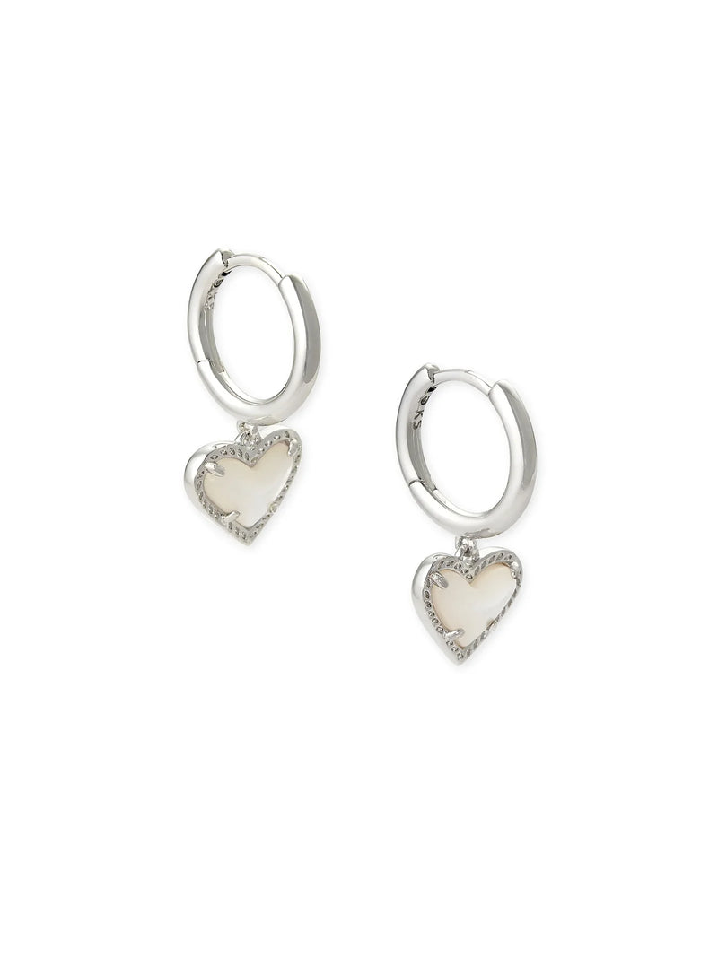 Kendra Scott Ari Heart Silver Huggie Earrings in Ivory Mother-of-Pearl
