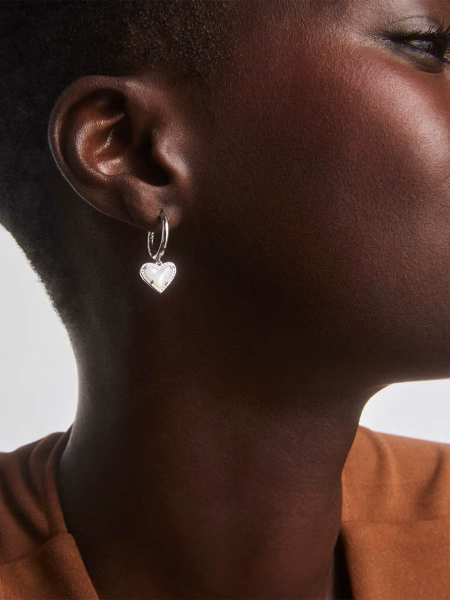 Kendra Scott Ari Heart Silver Huggie Earrings in Ivory Mother-of-Pearl