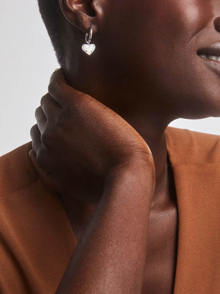 Kendra Scott Ari Heart Silver Huggie Earrings in Ivory Mother-of-Pearl