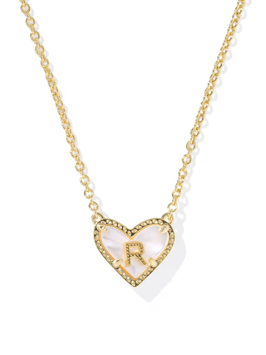 Kendra Scott Ari Heart Letter R Gold Short Pendant Necklace in Ivory Mother-of-Pearl