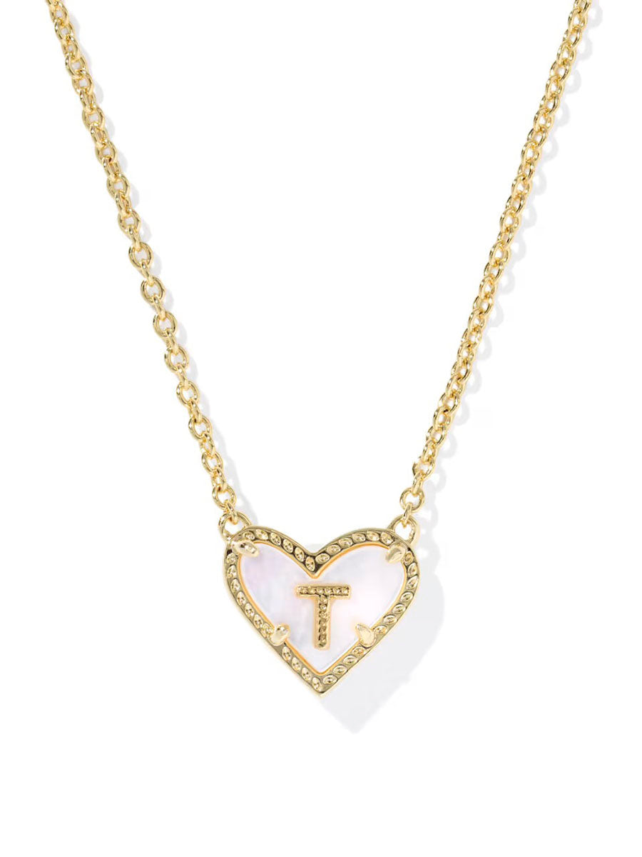 Kendra Scott Ari Heart Letter T Gold Short Pendant Necklace in Ivory Mother-of-Pearl
