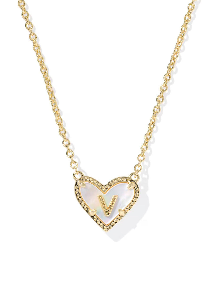 Kendra Scott Ari Heart Letter V Gold Short Pendant Necklace in Ivory Mother-of-Pearl