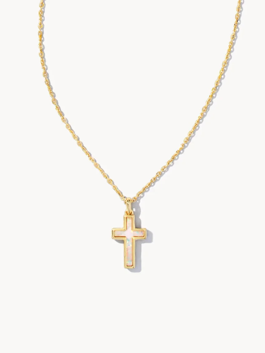 Kendra Scott Cross Gold Pendant Necklace in White Kyocera Opal