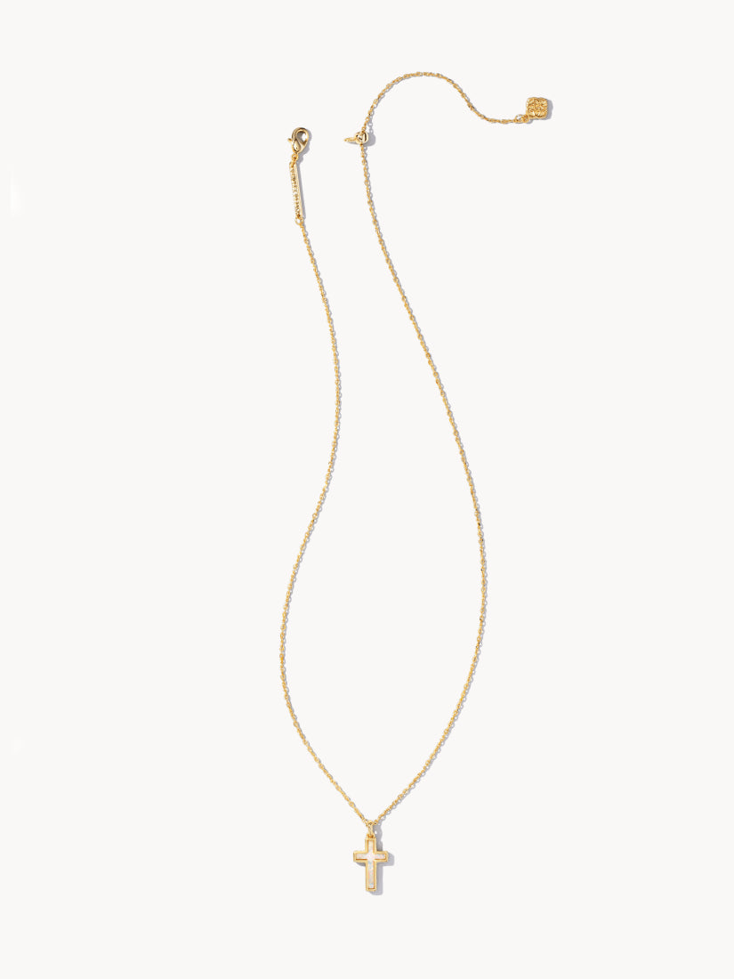 Kendra Scott Cross Gold Pendant Necklace in White Kyocera Opal