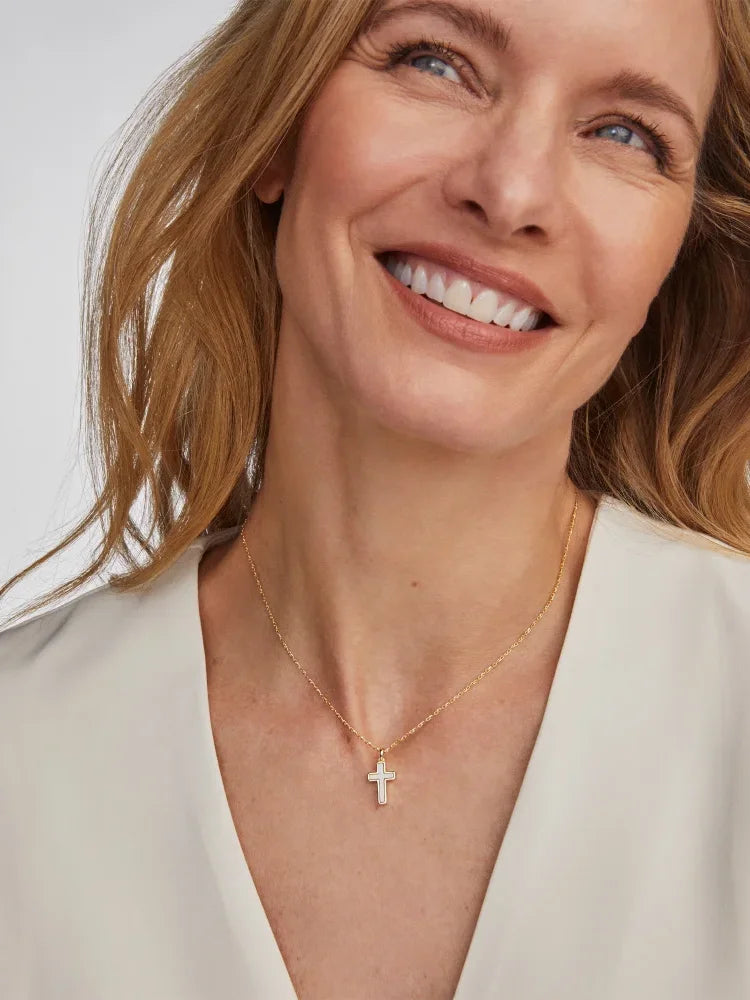 Kendra Scott Cross Gold Pendant Necklace in White Kyocera Opal