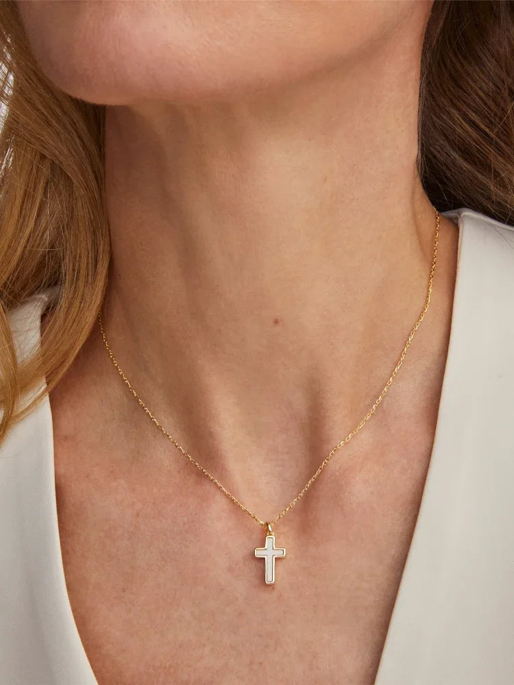 Kendra Scott Cross Gold Pendant Necklace in White Kyocera Opal