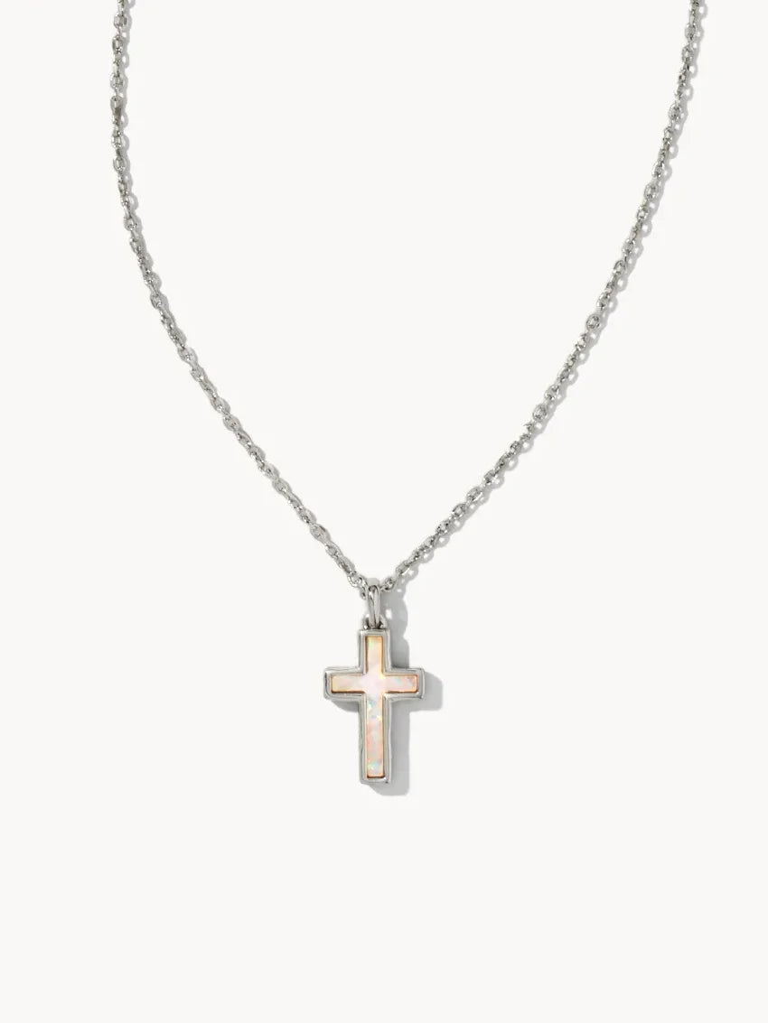 Kendra Scott Cross Silver Pendant Necklace in White Kyocera Opal