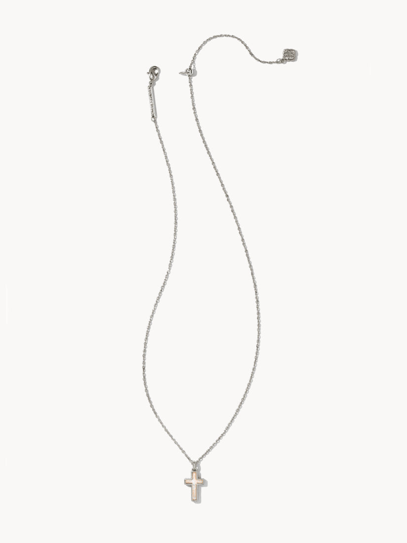 Kendra Scott Cross Silver Pendant Necklace in White Kyocera Opal