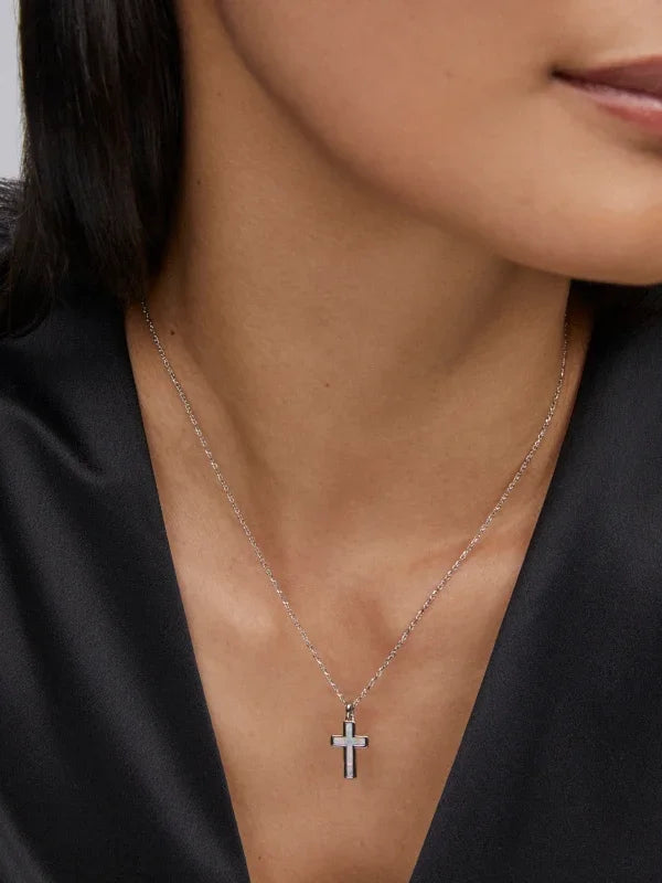 Kendra Scott Cross Silver Pendant Necklace in White Kyocera Opal
