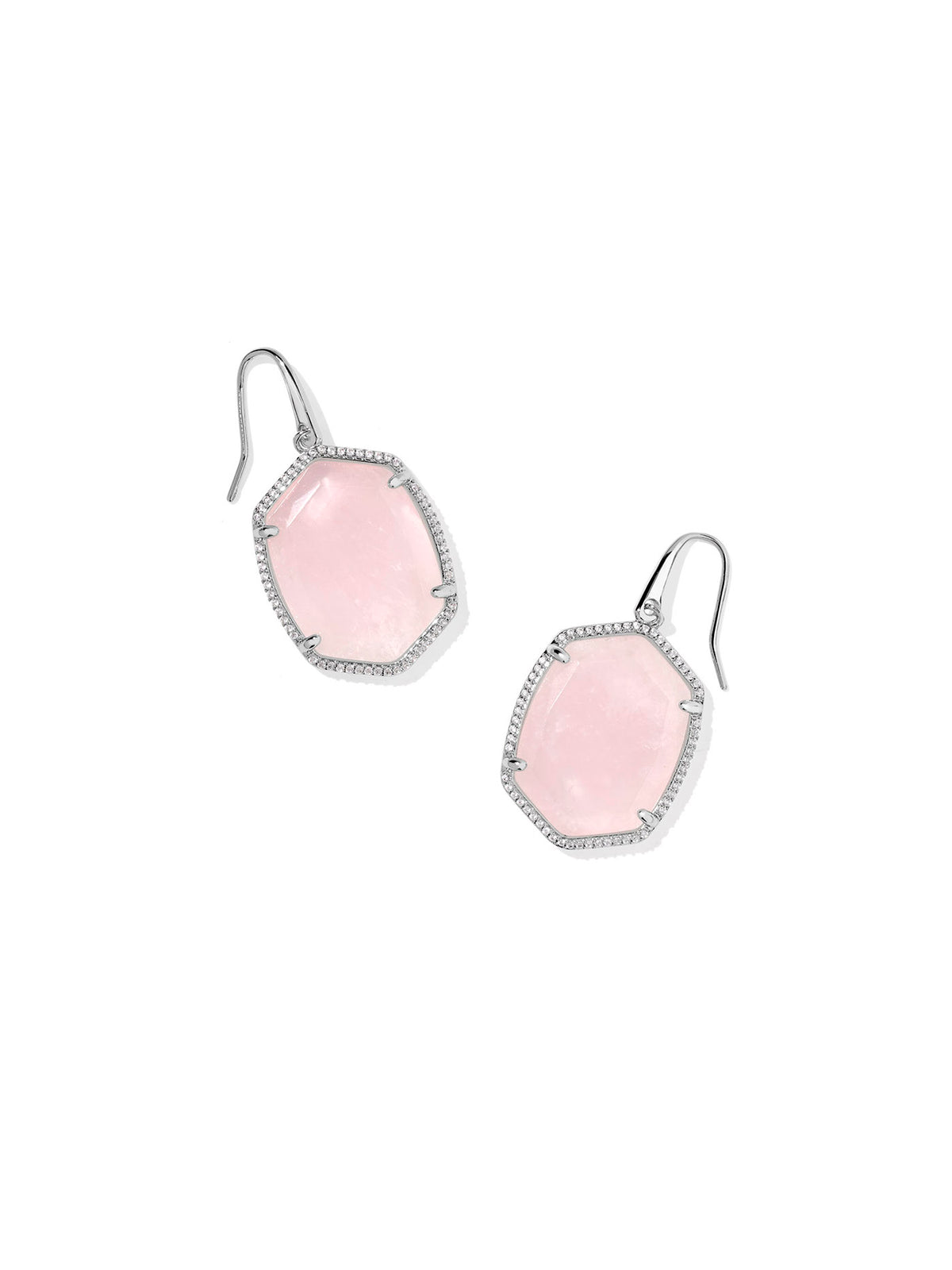 Kendra Scott Daphne Silver Pave Frame Drop Earrings Rose Quartz