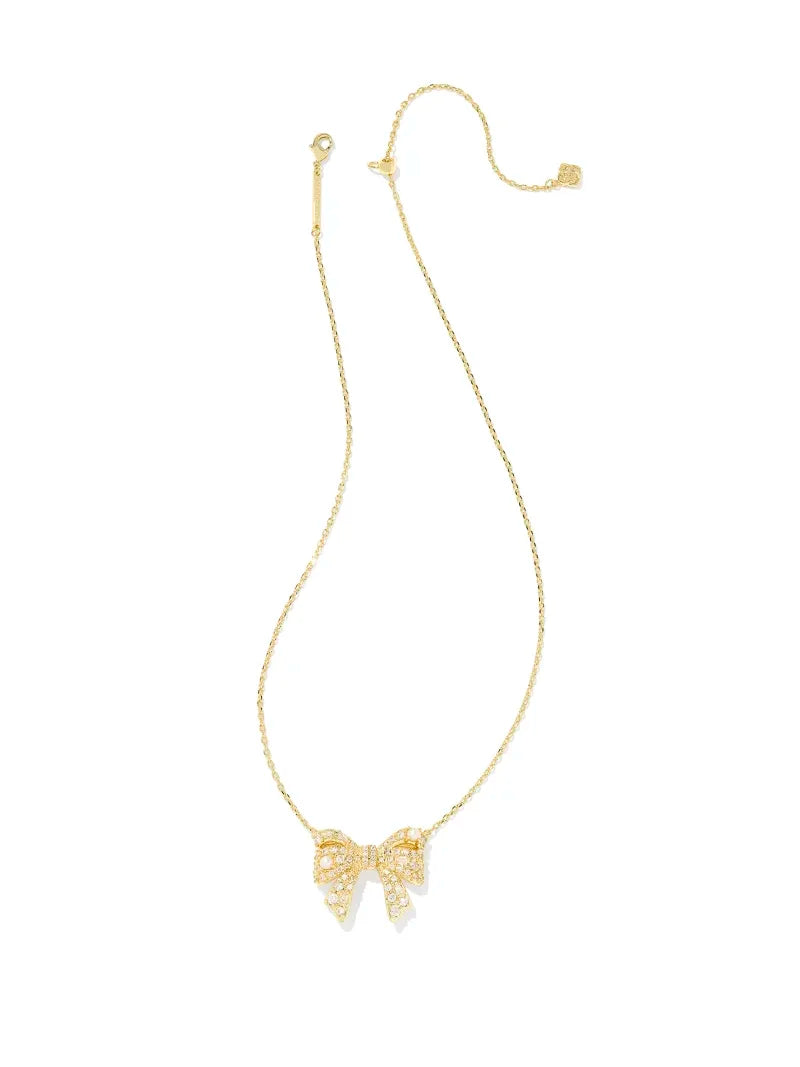 Kendra Scott Krista Gold Bow Short Pendant Necklace in White Mix Pearl CZ