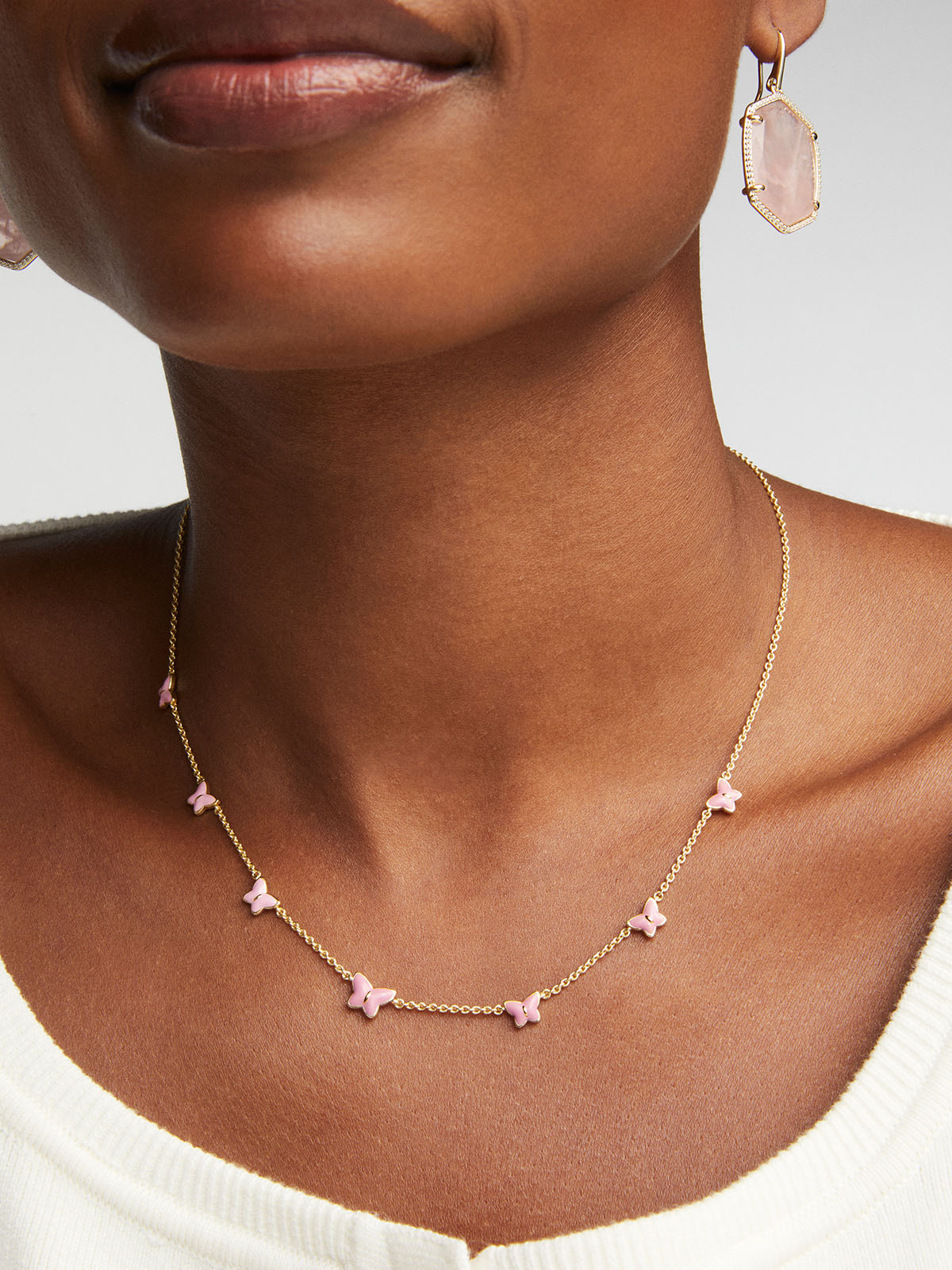 Kendra Scott Lillia Butterfly Gold Pink Enamel Strand Necklace