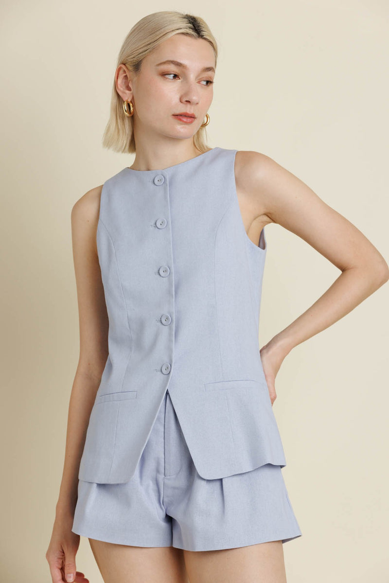 Light Blue Tailored Linen Shorts & Matching Linen Vest Set