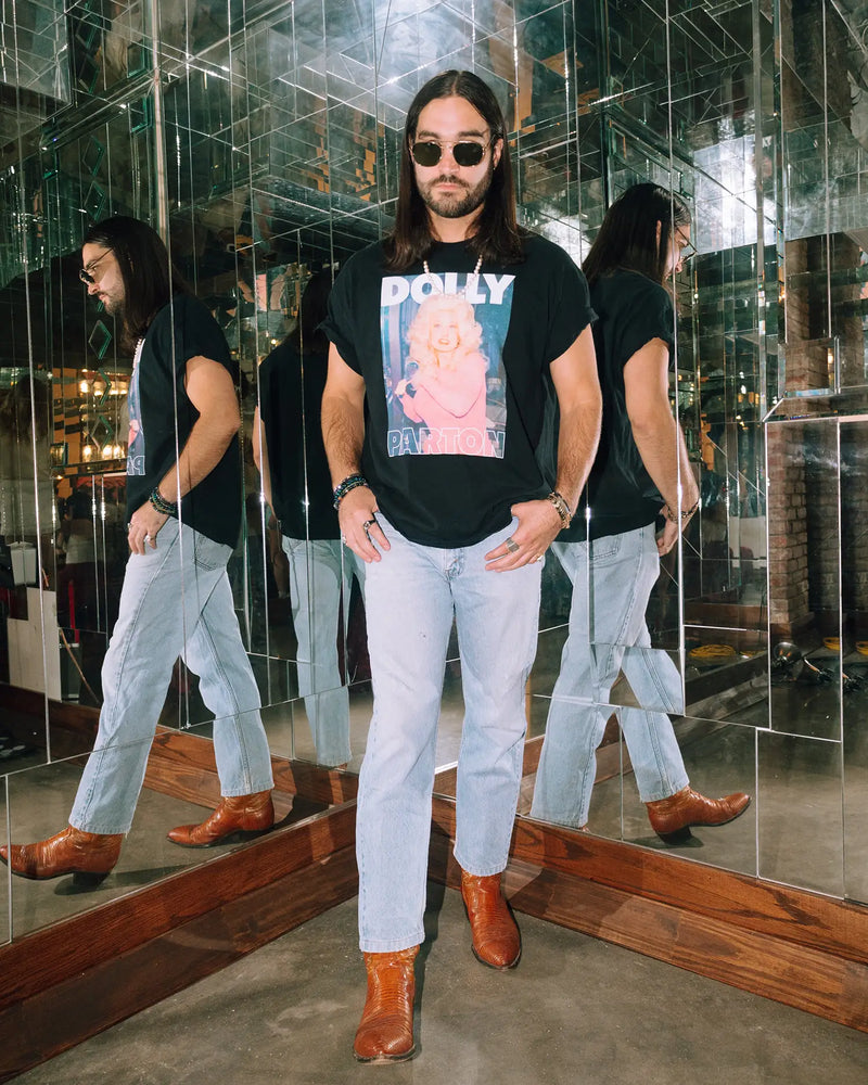 LivyLu Dolly Parton in Pink Black Thrifted Tee