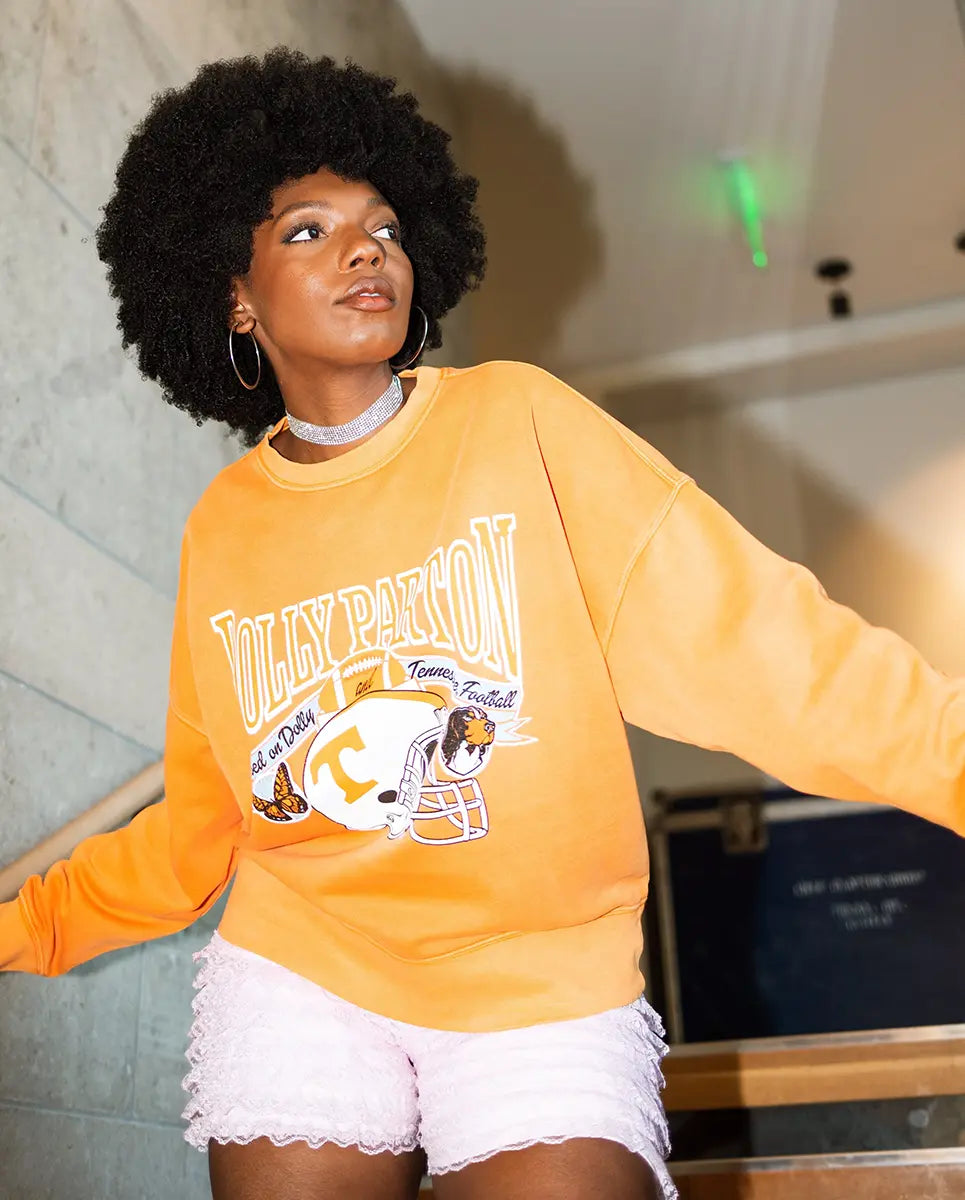 LivyLu Dolly Parton Raised On Dolly & Tennessee Vols Football Orange Sweatshirt TN Vols Game Day
