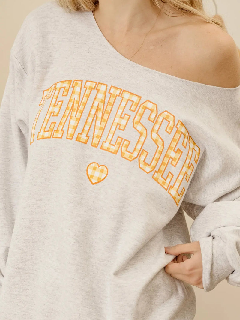 LivyLu Tennessee Vols Gingham Heart Flashdance Sweatshirt Ash Gray TN Volunteers Game Day