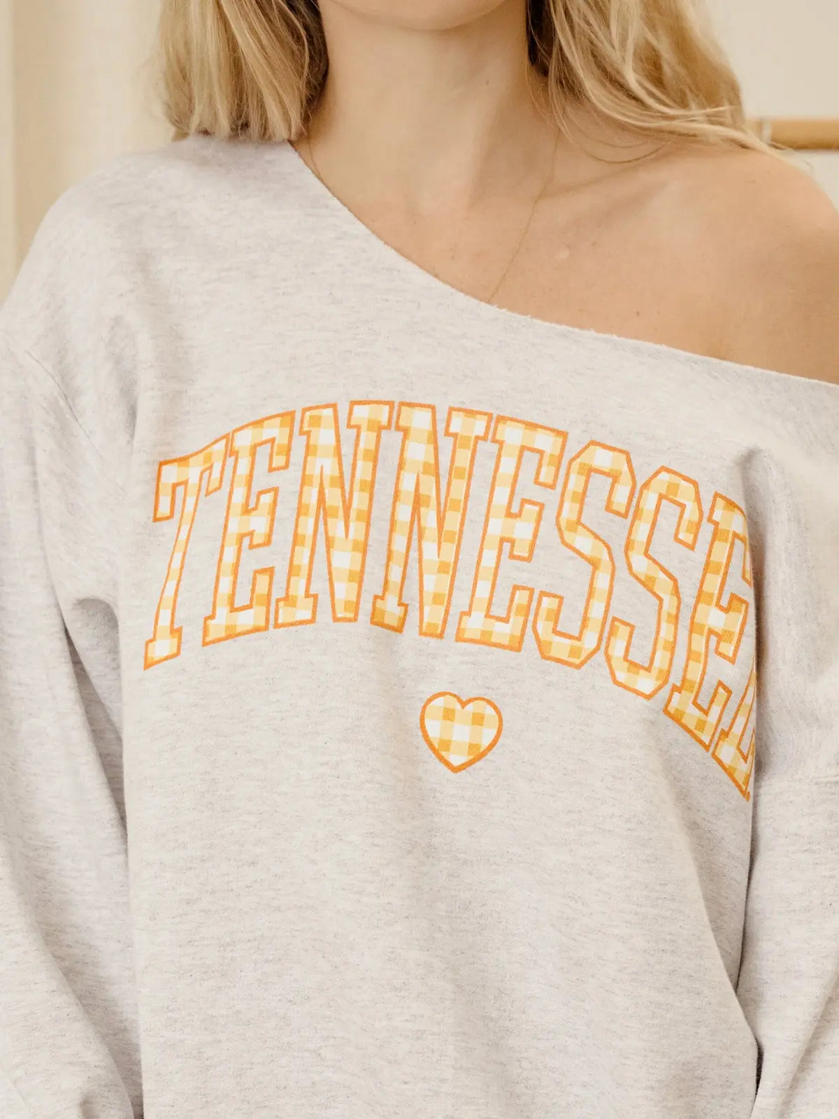 LivyLu Tennessee Vols Gingham Heart Flashdance Sweatshirt Ash Gray TN Volunteers Game Day