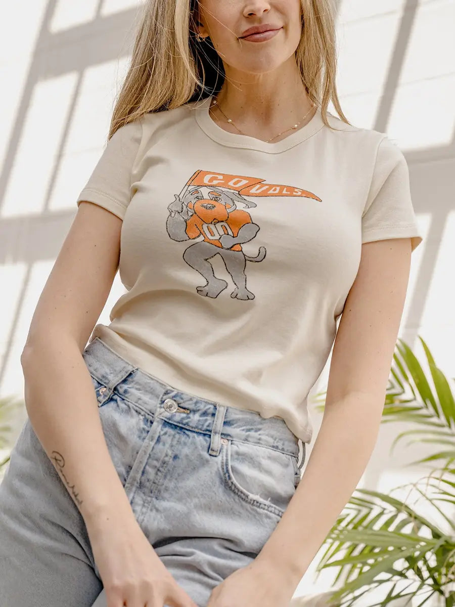 LivyLu Tennessee Vols Mascot Flag Off-White Micro Cropped Tee TN Vols Game Day