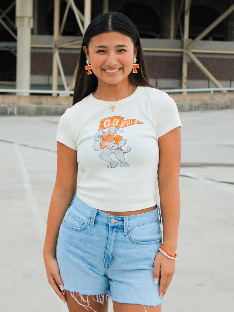 LivyLu Tennessee Vols Mascot Flag Off-White Micro Cropped Tee TN Vols Game Day