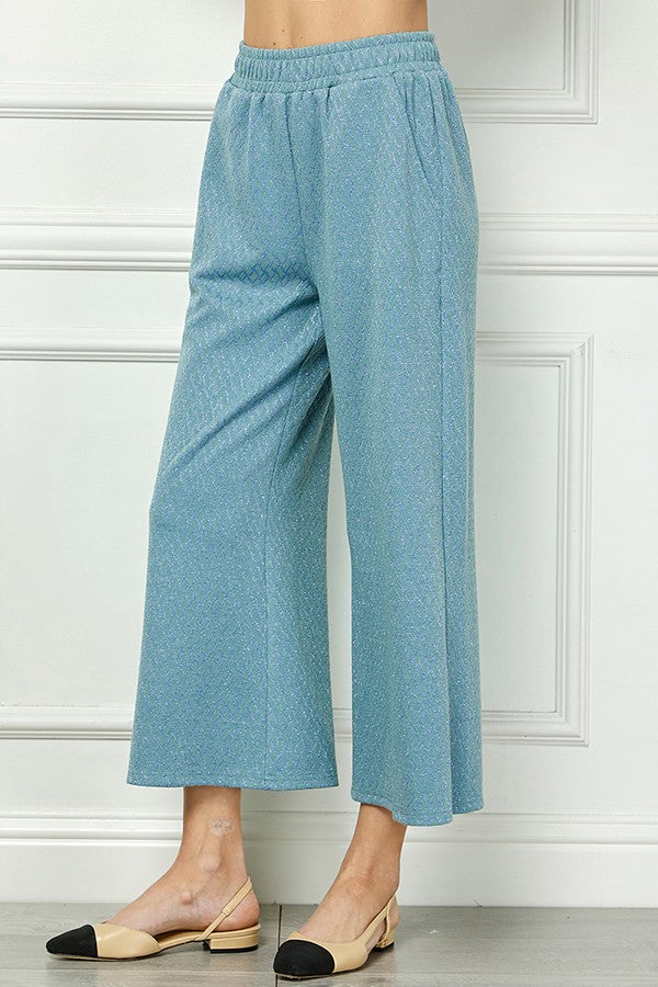 metallic jacquard cropped pants in blue-side view