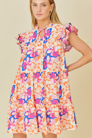 mini tier dress with double ruffle sleeves in orange multi-front 
