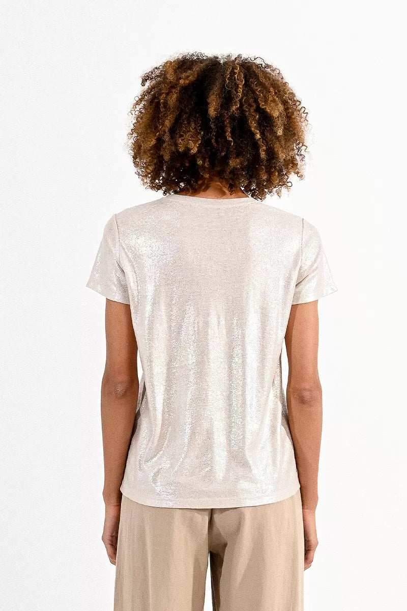 Molly Bracken Pearly Crewneck Top in beige-back view