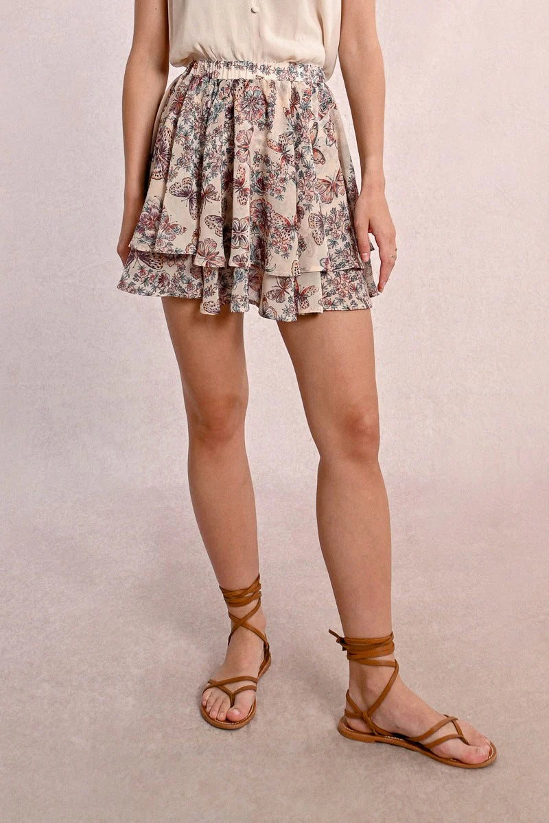 Molly Bracken Ruffled Printed Mini Skirt in cream capucine
