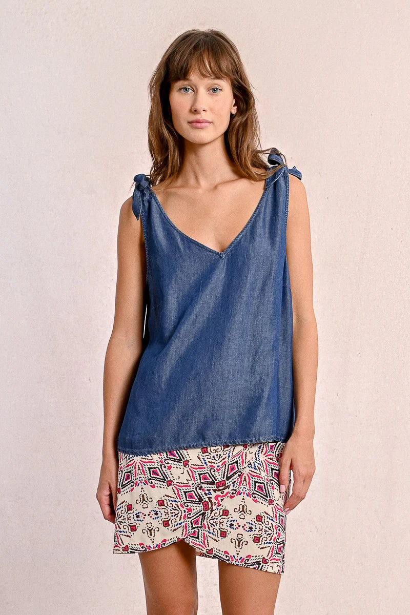 Molly Bracken Tie Shoulder V-Neck Tank in denim blue