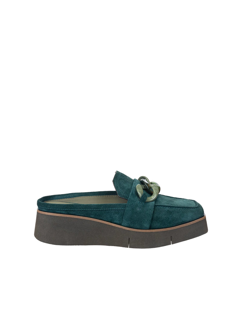 naked feet elect platform mules in emerald green suede