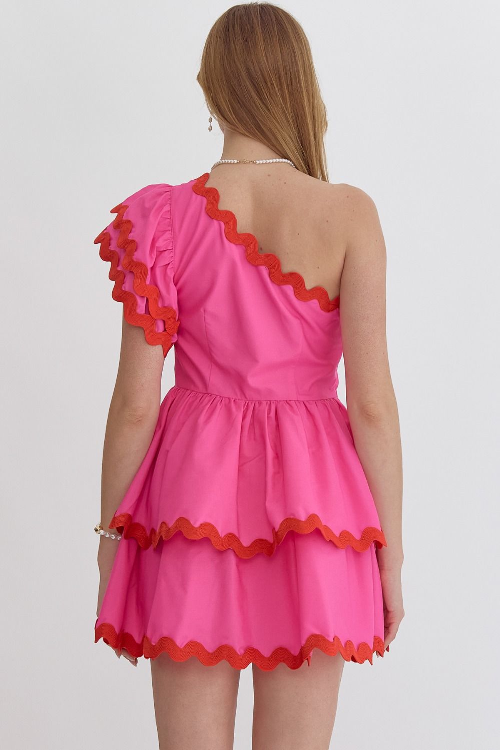 one shoulder dress with ric rack detail in pink-back view