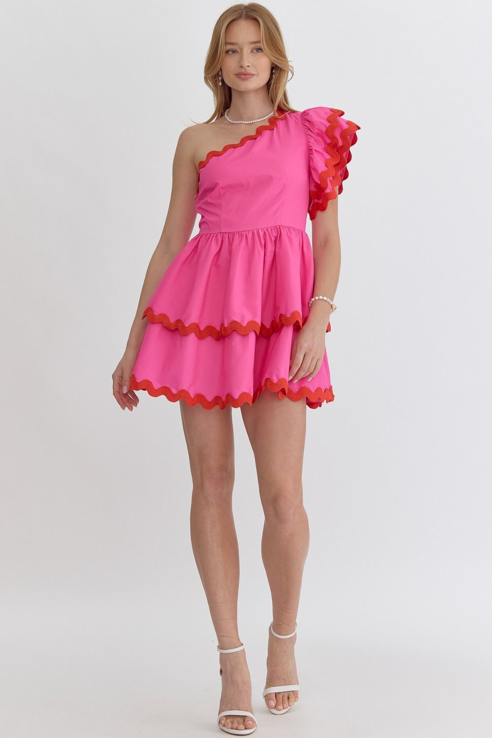 one shoulder dress with ric rack detail in pink-front view